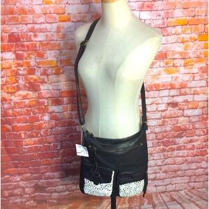 Vintage Joe Boxer Large Faux Leather and Crochet Black and White Cross Body Bag